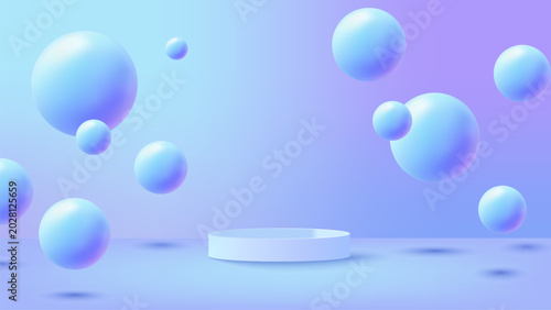 3D cylindrical podium background with purple bubble floating or bounce ball scene. Minimalist mockup pedestal