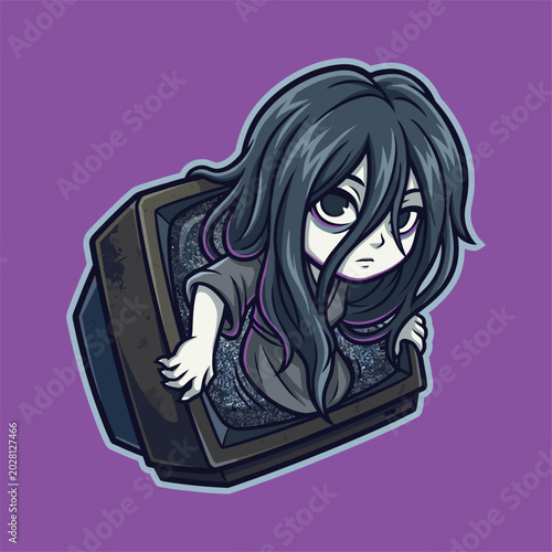 Cute Ghost Girl Emerging From Television Screen Mascot