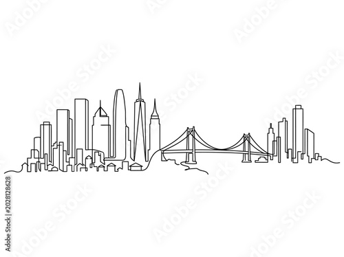 Continuous one line drawing of New York City skyline with bridge.