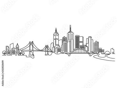 Continuous Line Drawing of a Modern City Skyline with Bridges.
