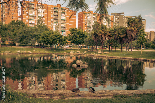 Tableau sur toile Parque con estanque y plantas