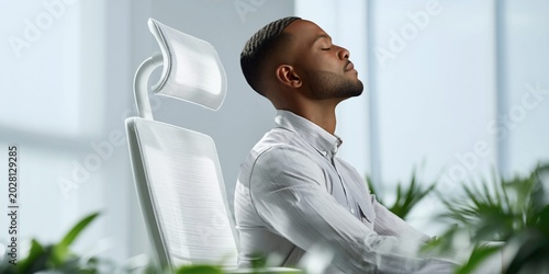 Man in office chair meditating with eyes closed, finding peace amidst plants