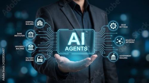 Artificial Intelligence Agents connecting to diverse sectors like healthcare, finance, education, and manufacturing, highlighting broad technological integration and innovation.