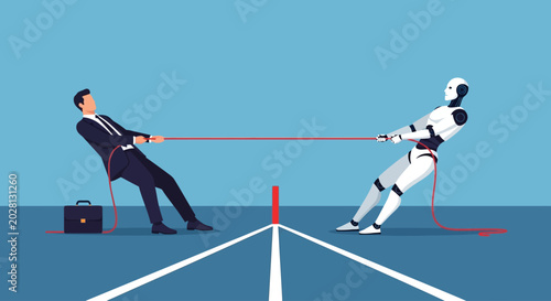 Schilderij op canvas Businessman, robot, tug of war, technology vs human, office conflict, innovation