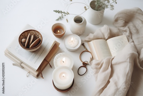 Minimal flat lay home decor composition with candles books and ceramics
