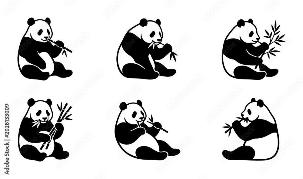 Obraz premium Cute Panda Eating Bamboo Illustrations