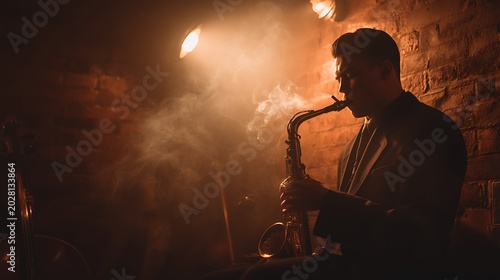 Saxophone musician performing solo in midnight jazz club atmosphere