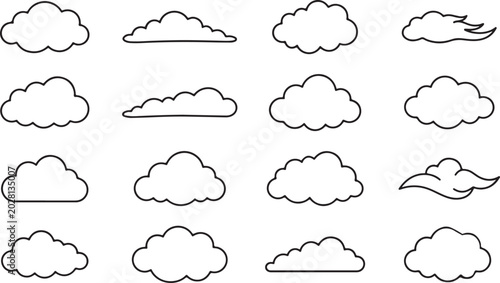 Foto Cloud Collection: A set of simple black and white line drawings featuring various cloud shapes and styles, perfect for graphic design and weather-related themes