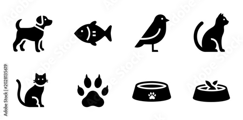 Photos Pet Care Icons: Dog, Cat, Bird, Fish, Paw Print, Food Bowls - Vector Set