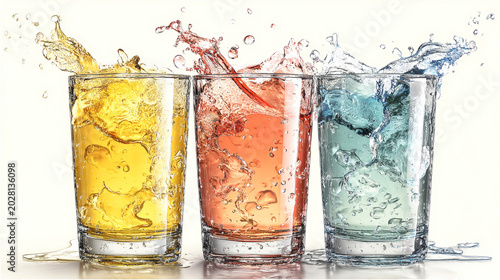 Three glasses filled with different colored drinks splash as liquid spills outward. Bubbles rise in the air during a social gathering with friends