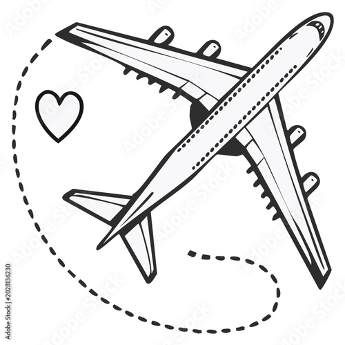 Illustration of an airplane with a heart shaped symbol and dotted line trail for travel and love