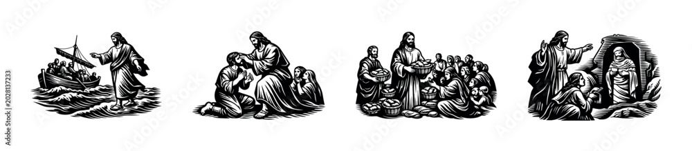 Fototapeta premium Jesus performs miracles, feeding the hungry and raising the dead