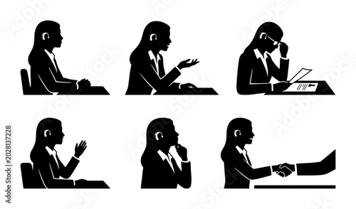 Business Meeting Silhouettes: Discussion, Thinking, Handshake