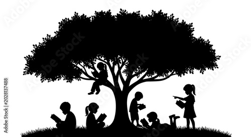 Silhouettes of children reading books under a large tree.