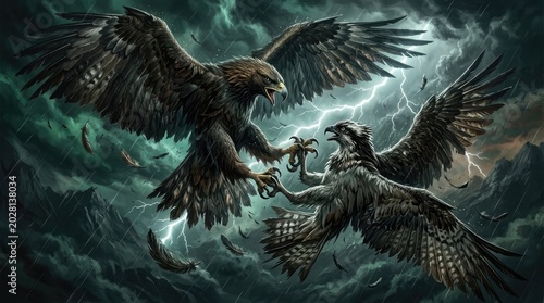 Two dark birds fight amidst stormy lightning-filled sky with turbulent clouds