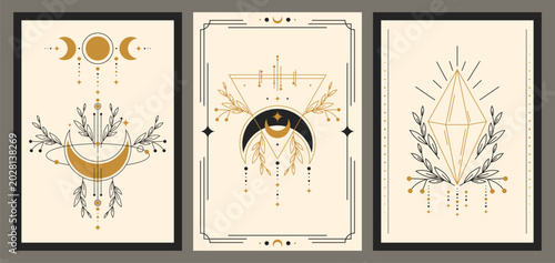 Mystical esoteric posters set with witchcraft symbols. Vector illustration of mysterious banners with crescent moon, triangle, crystal and floral decoration on beige background, occult design