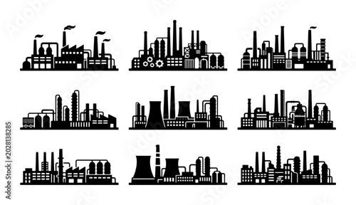 Photos Industrial Factory Silhouettes, Manufacturing Plant Icons, Urban Industry Buildi