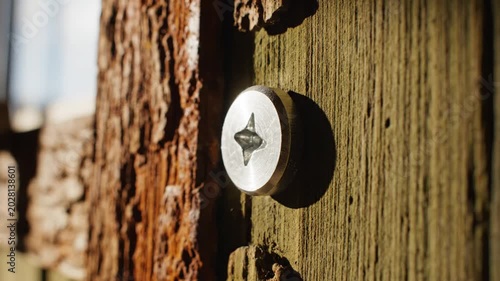 Close Up Of A Metal Screw Head On Weathered Wood Texture In Sunlight