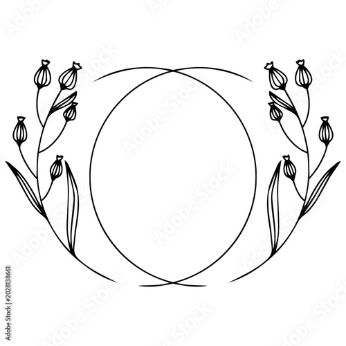 Minimalist black oval floral frame with two symmetrical branches with buds on white background. Elegant border. Set of elegant floral frames with minimalist line art leaves.