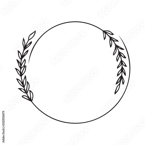 Minimalist open circle black floral frame with delicate leafy branch on the right side on white background. Set of elegant floral frames with minimalist line art leaves.
