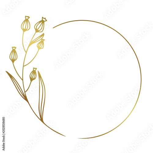Luxury golden circular floral frame featuring tall elegant branch with fine line art leaves and buds on the left border. Set of elegant floral frames with minimalist line art leaves.