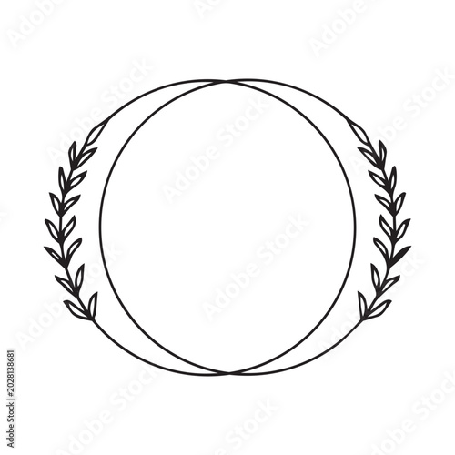 Abstract intersecting double circles black floral frame with clean minimalist branch on the right side on white. Set of elegant floral frames with minimalist line art leaves.