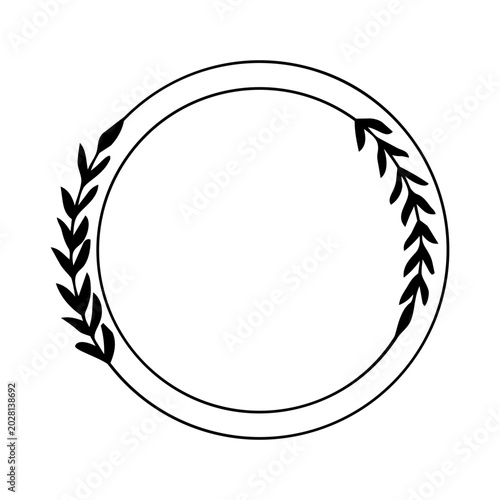 Elegant double round black floral frame with graceful minimalist leafy branch along the right border on white. Set of elegant floral frames with minimalist line art leaves.