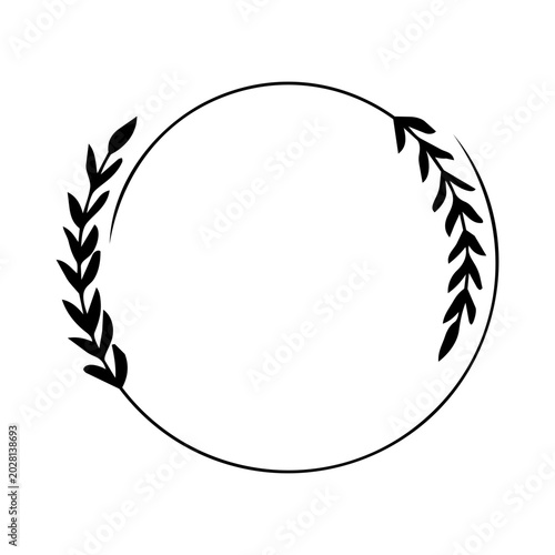 Minimalist open round black floral frame with prominent dense leaf branch on the left side on white background. Set of elegant floral frames with minimalist line art leaves.