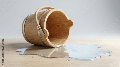 Wooden bucket lying on its side with water pouring out onto a wooden surface