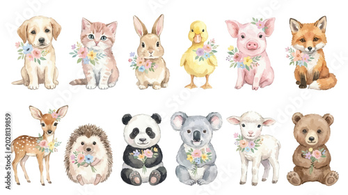 Canvas Print Adorable baby animals watercolor illustration set, pastel nursery clipart
