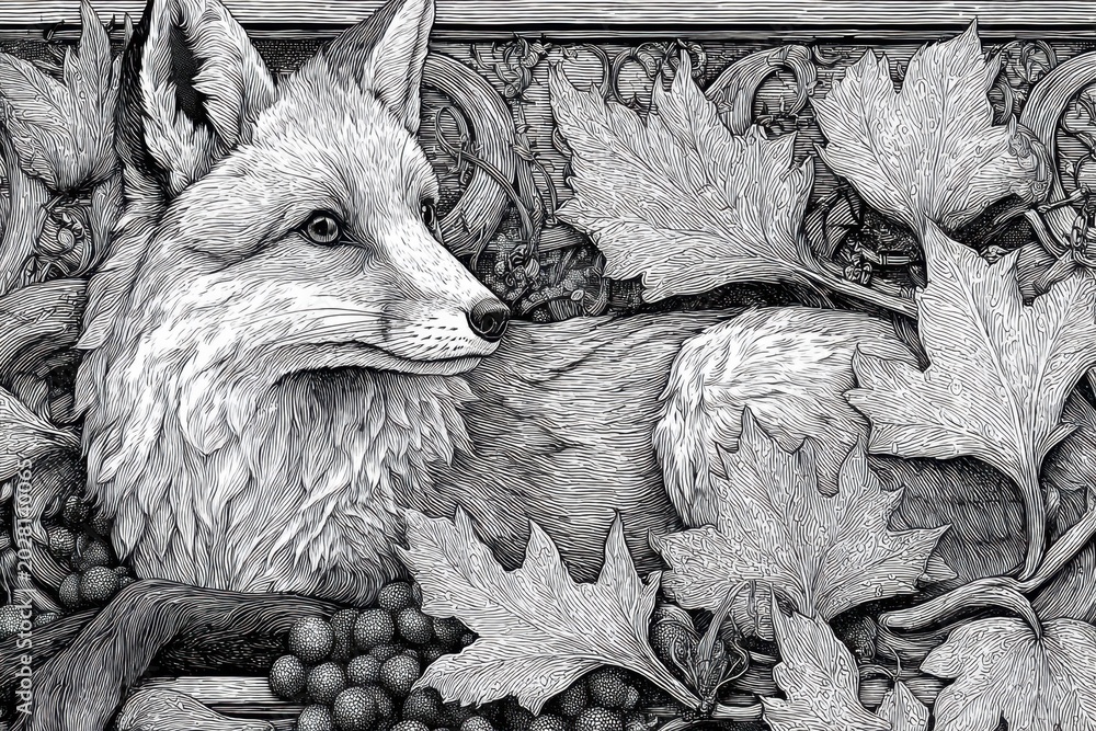 Naklejka premium Intricate Fox Portrait Amidst Lush Foliage in Black and White Art