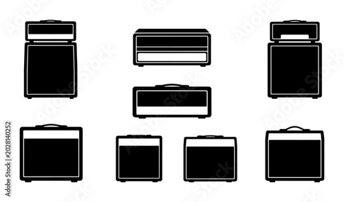Schilderij op canvas Guitar Amplifier Icons, Vintage Sound Equipment Set, Retro Music Gear Collection