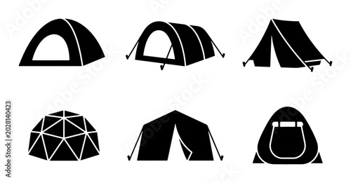 Tableau sur toile Camping Tent Icons Set, Outdoor Shelter Vector Graphics, Travel Gear Silhouettes