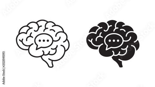 Brain With Speech Bubble Icon In Black And White For Communication Concepts