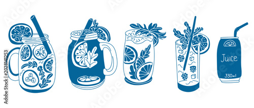 Illustration of various beverages including fruit-infused drinks, cocktails, and a juice can, featuring colorful garnishes and decorative elements in a stylized design