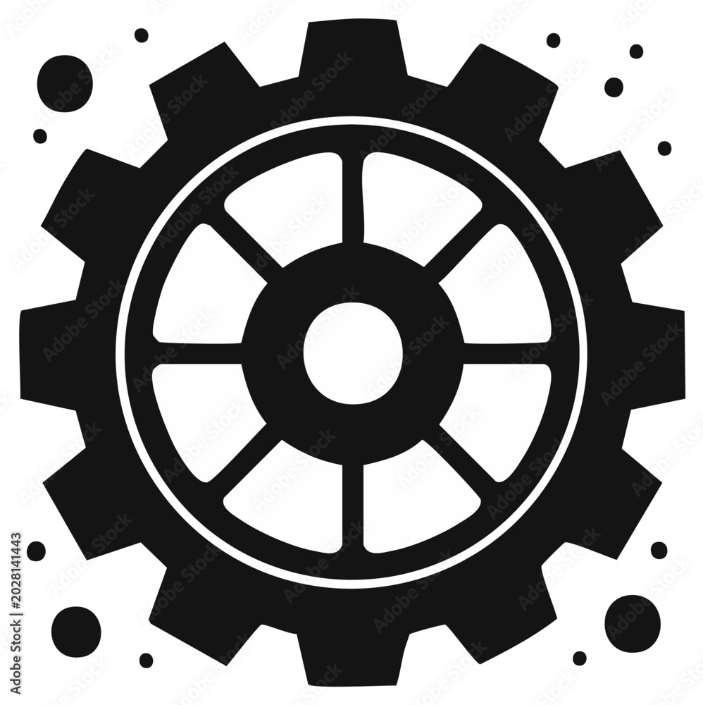Obraz premium Black and white gear icon with central spokes and surrounding elements, machinery design