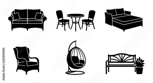 Quadro su tela Vector Furniture Icons: Sofa, Chairs, Table, Chaise Lounge, Bench, Hanging Chair