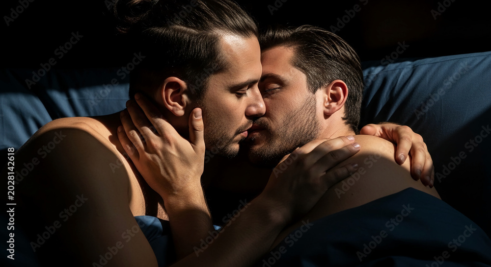 Obraz premium Intimate close-up of two men embracing, with soft light highlighting their faces and touching hands, symbolizing love, connection, and passion, evoking a sense of deep emotional bond