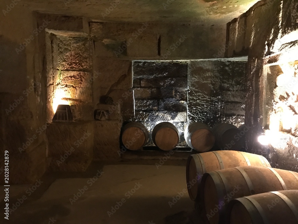 Fototapeta premium Oak Barrels Aging Wine Inside a Dimly Lit Historic Stone Cave