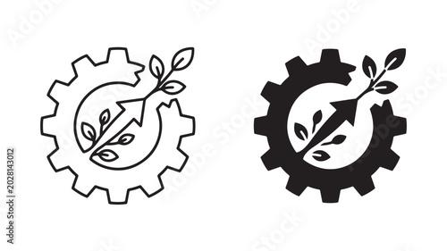 Gear icons with growing plants and arrows for business growth and innovation concepts