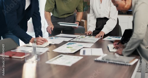 Hands, team and documents at office meeting for charts, review or point with tech at finance company. Business people, group and paperwork for graphs, stats or asset management at investment agency