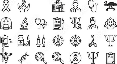 Fényképezés cancer awareness oncology and medical healthcare vector line icon set featuring