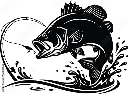 Konstfotografi Black and white illustration of largemouth bass catching lure