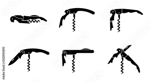 Bild auf Leinwand Set of 6 Black Corkscrew Icons, Wine Opener Tools, Barware Accessories, Kitchen
