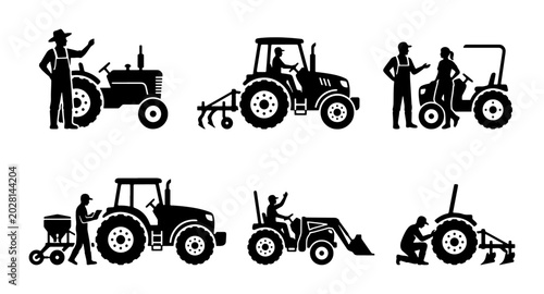 Photos Farm Tractor Icons Set, Agricultural Machinery Vector Graphics, Rural Work Silho