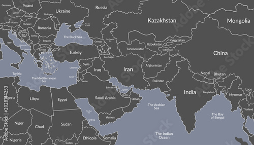 Detailed black political map of the Middle East and nearby regions5. Vector flat background.