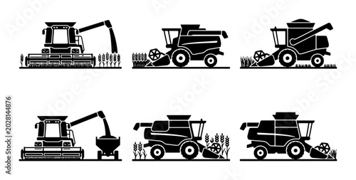 Foto Combine Harvester Icons, Agricultural Machinery Vector Set, Farming Equipment Co