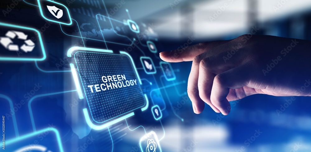 Fototapeta premium Green Technology Advancing Sustainable and Eco-Friendly Innovations, projection on a virtual screen, Business and Technology Concept.