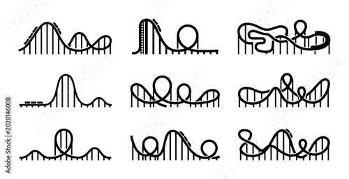 Foto Roller Coaster Icons Set, Amusement Park Thrill Rides, Funfair Attraction Vector