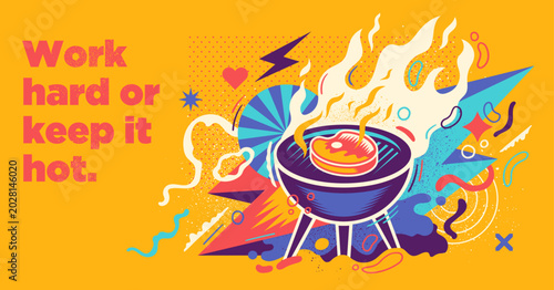 Retro psychedelic summer barbecue design with colorful abstract elements. Vector illustration.
